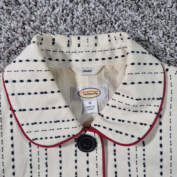 Talbots Blazer Womens Size 12 Embroidered Stripes Red Trim Cotton Jacket Preppy - Picture 3 of 8